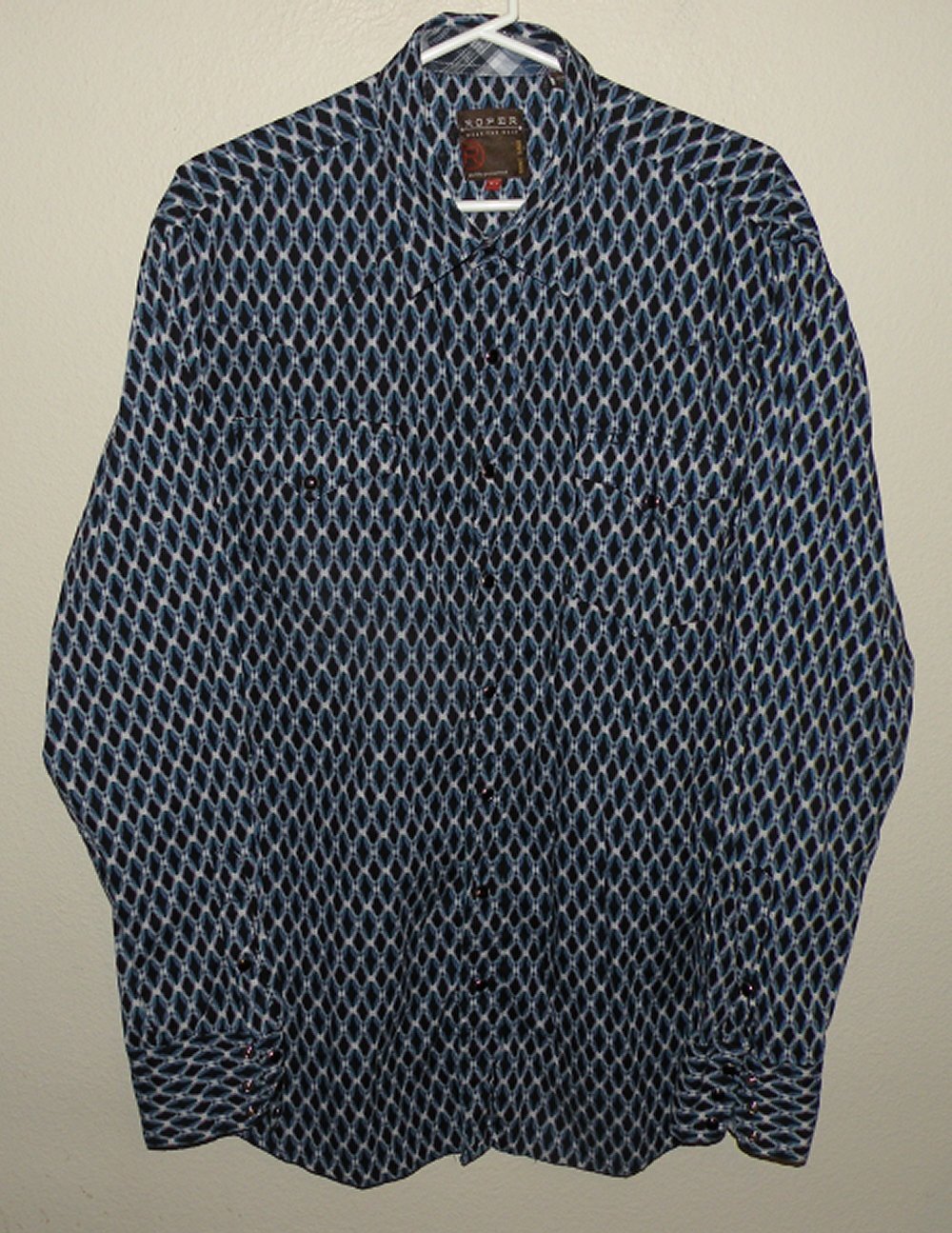 Roper Wear The West Men's XL Western Pearl Snap Shirt Blue/Black Diamonds Design